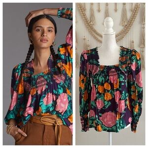 Anthropologie Plenty by Tracy Reese colorful floral puff-sleeve blouse spring xs